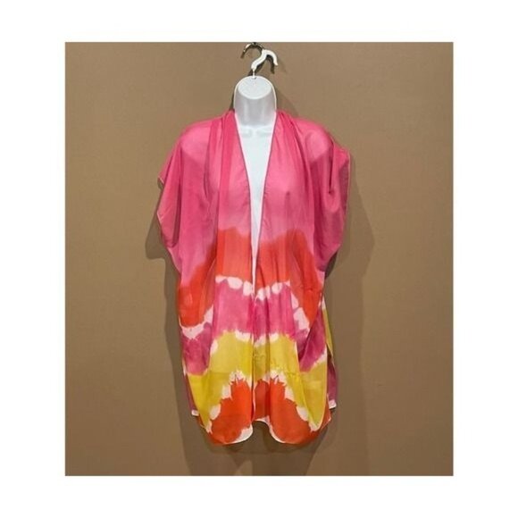 Colorful Tie-Dye Lightweight Kimono Cardigan Pink/Yellow/Orange Open Front - Picture 6 of 6